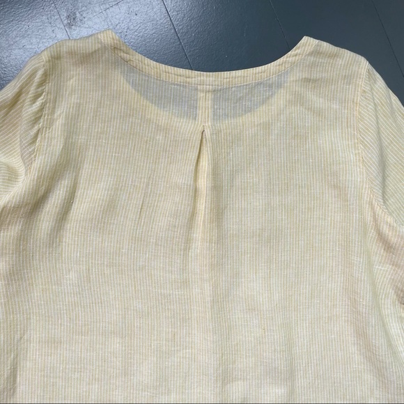 100% Linen Top Minimalist Large Buttery Yellow White Striped Casual Blouse Shirt - Picture 7 of 9